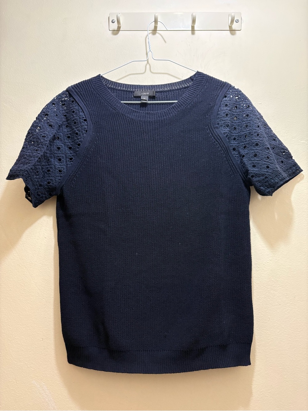 J. Crew Navy Eyelet-Sleeve Crewneck Knit Top